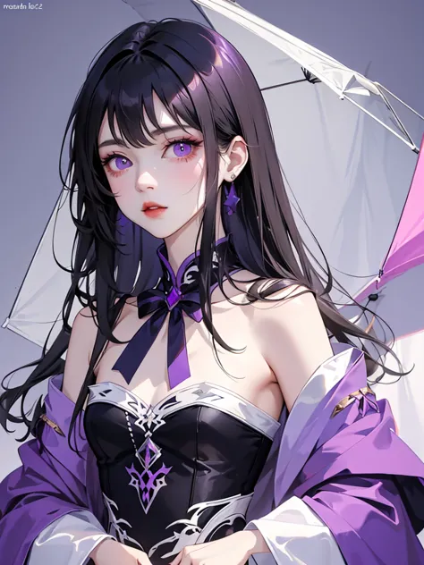 (flat color:1.1),(masterpiece:1.2), original, medium length straight black hair, purple-colored eyes, mature girl　　ウエディングドレス