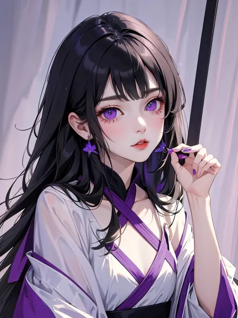 (flat color:1.1),(masterpiece:1.2), original, medium length straight black hair, purple-colored eyes, mature girl　　ウエディングドレス