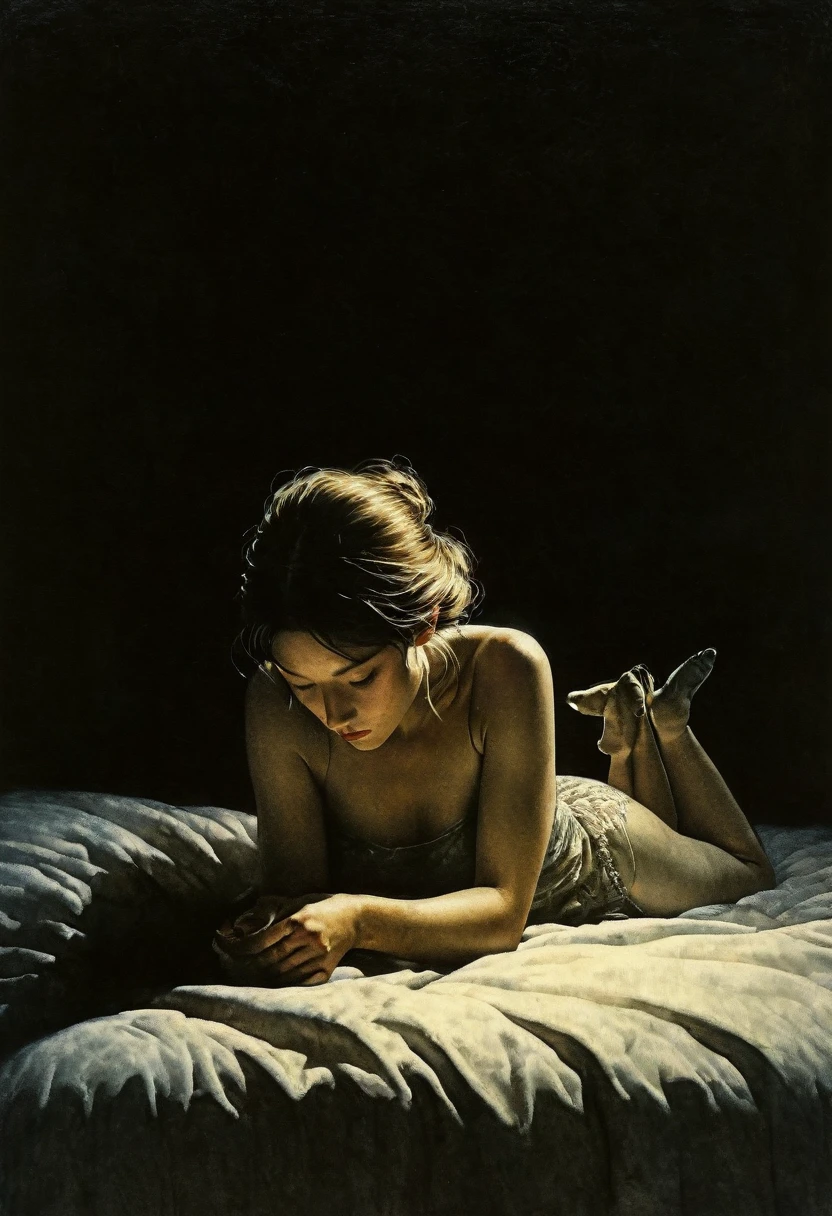 My head is waving my ears,
Like a bird with wings.
Her legs are on her neck
I can't bear to loom any longer.
A dark entity sits on my bed,
The dark essence does not let me sleep all night. The disturbing and grotesque world of Stephen Gummel. Andrew Wyeth style, Katsuhiro Otomo. A masterpiece, high quality work. Full length view. Ideal body anatomy. Digital art. Unnatural muted colors. Shadows.