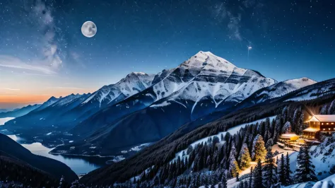 highest quality、moon and mountain、beautiful night view、nature