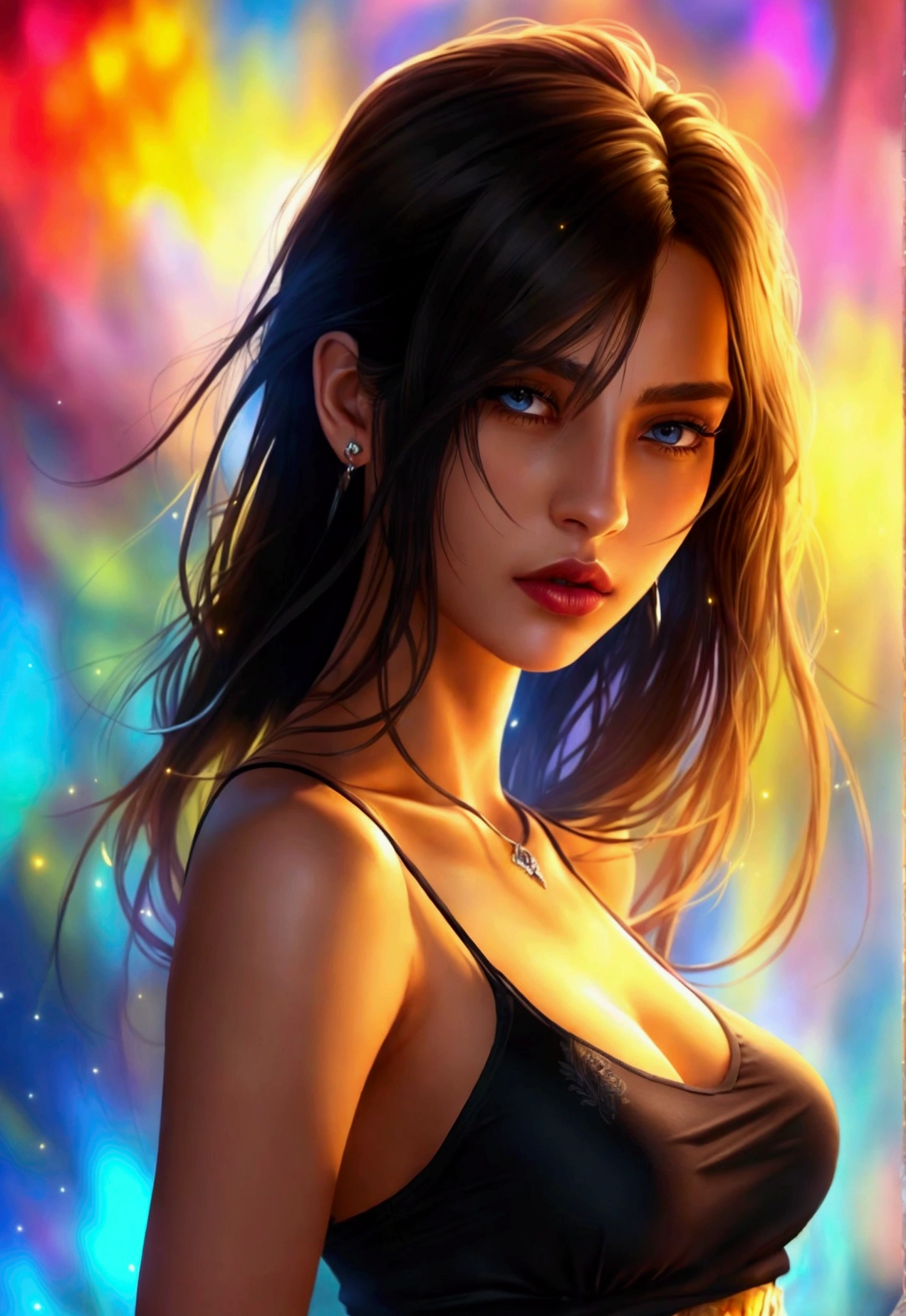 (masterpiece, high quality, best quality:1.1), fantasy style, woman, long hair, dark brown eyes, dark brown hair, lipstick, skirt, top tank, phonepose, holding cellphone, extremely detailed, extremely intricate, fine texture, Extremely high-resolution details, detailed hair, sharp focus, vibrant colors, soft lighting,