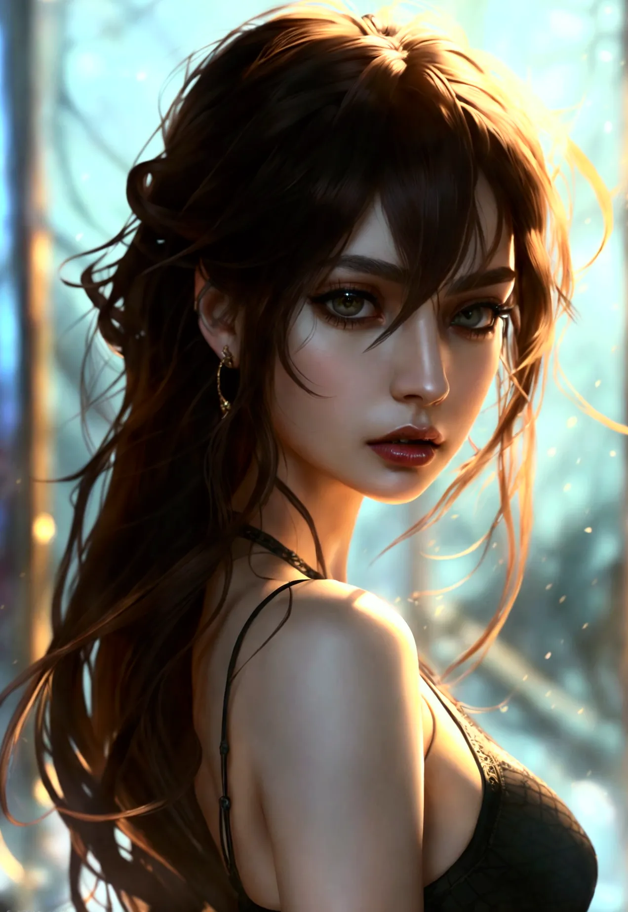 (masterpiece, high quality, best quality:1.1), fantasy style, woman, long hair, dark brown eyes, dark brown hair, lipstick, skir...