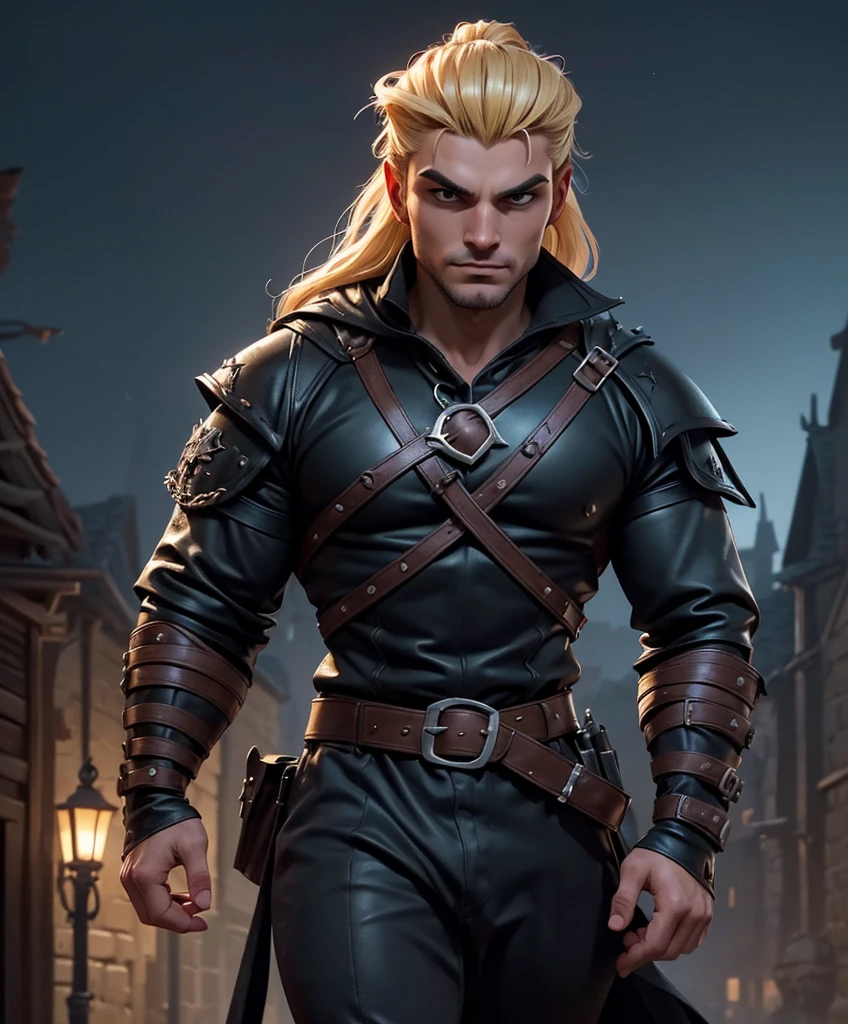 Handsome.  Shirtless.  Tattoos.  Generate a muscle stud fantasy character. Generate a muscle hunk fantasy character, dressed all in black. (((Medieval-style tropical town at night.))) (((Luxurious blond hair in a topknot.))) (((Looks like Adonis.))) (((Appears to be 20 years old with youthful looks.))) (((Dark and sinister background at night.))) (((Alpha male))) (((Solo character image.))) (((Generate a single character image.))) Dark fantasy art, (((Dark, night time background.))) (((Strong elements of dark medieval fantasy.))) (((Handsome and athletic.))) (((This is an urban explorer in a dark fantasy realm.))) Night background. Dark. Eerie. Dark fantasy art, long hair in a masculine style, Scoundrel. Vagabond. Miscreant. Knave. Wears lots of black clothing. Looks like a handsome criminal for a medieval fantasy setting. Looks shifty. Looks suspicious. Looks untrustworthy. wearing black leather medieval clothing, sneaky, rogue, muscular, gorgeous face, fantasy artwork, fantasy attire, fantasy adventurer, masterpiece:1.3,madly detailed photo:1.2, hyper-realistic lifelike texture:1.4, picture-perfect:1.0,8k