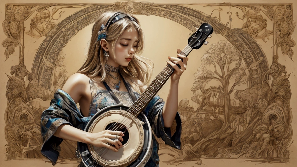 Draw a music festival poster，Playing the banjo，Musical note elements