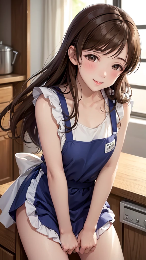 Highest quality、high resolution、High definition、HD、sports gym、(Nitta Minami、Long Hair、Medium chest、Brown Hair、Brown eyes、Glossy lips、Glowing Skin、Realistic skin texture、Checkered apron、kitchen)、Staring at me、Love me、blush、Laughing with your mouth open)、(Depiction of only the upper body、armpits, spread legs, pussy, no panties