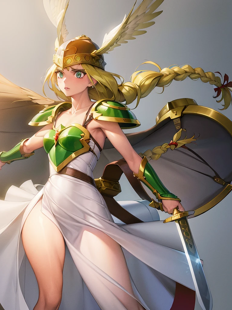 (White background,1girl:1.4),masterpiece,best quality,18yo, beautiful girl,BREAK,(sword,shield,Armor:1.5),(Helmet with wings:1.4),(Beautiful blonde,braid,Green Eyes:1.5),BREAK,(White Dress:1.3),(move chart:1.3),