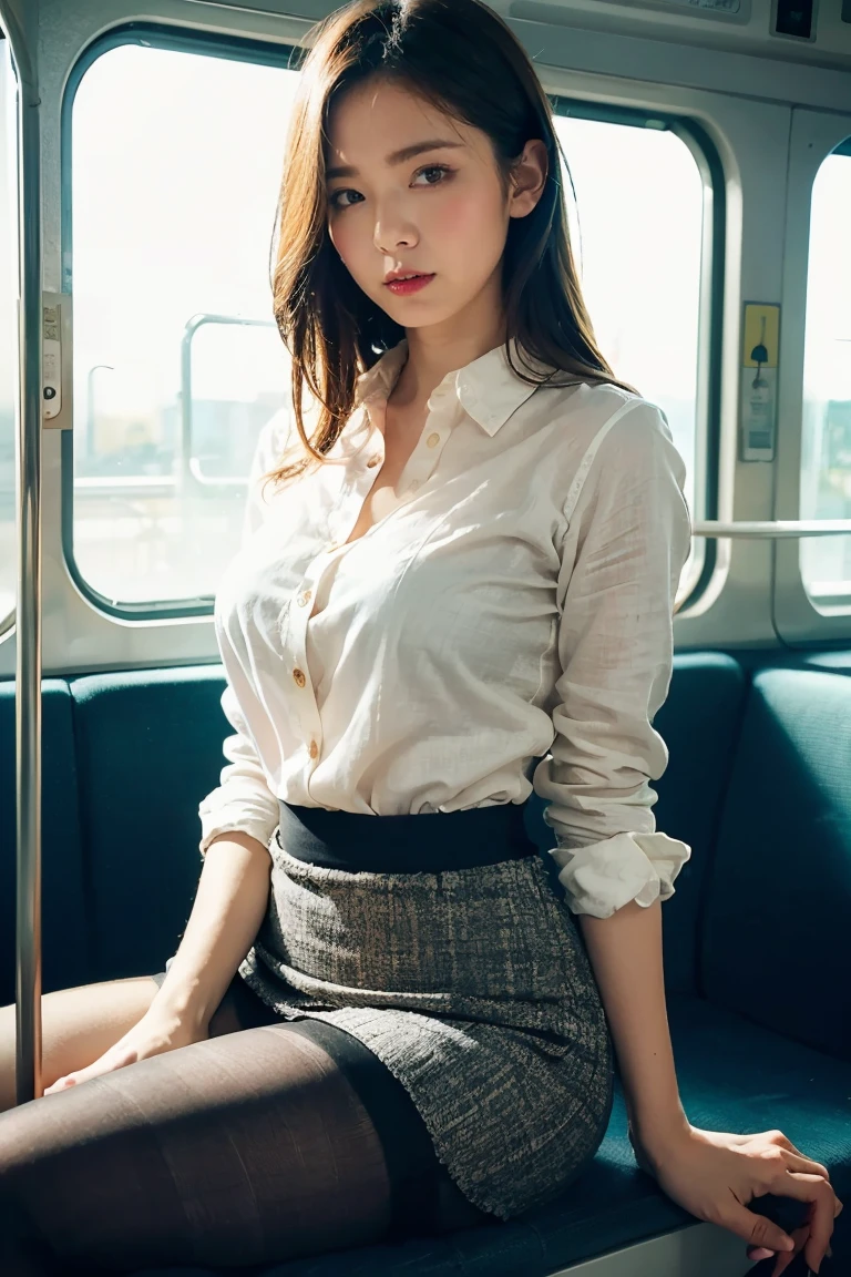 (masterpiece, Highest quality, 8k, beautifully、beautiful:1.2),  Intricate details, indirect lighting, Realistic,
whole body, Sitting on a chair on the train、Voyeur、
 Square neck button-down linen sun shirt,Pencil Tight Skirt, (Ultra-realistic 30D pantyhose)、
 Women&#39;s training , Chair to sit under skirt,