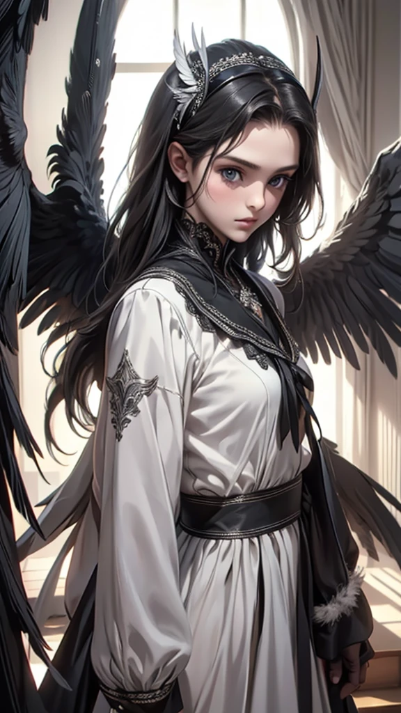 masterpiece, Angel Girl, young，12 years old，Brunette with wings, White dress with feathers, Close-up portrait, Delicate face, Lots of black feathers, silver，Black Wings