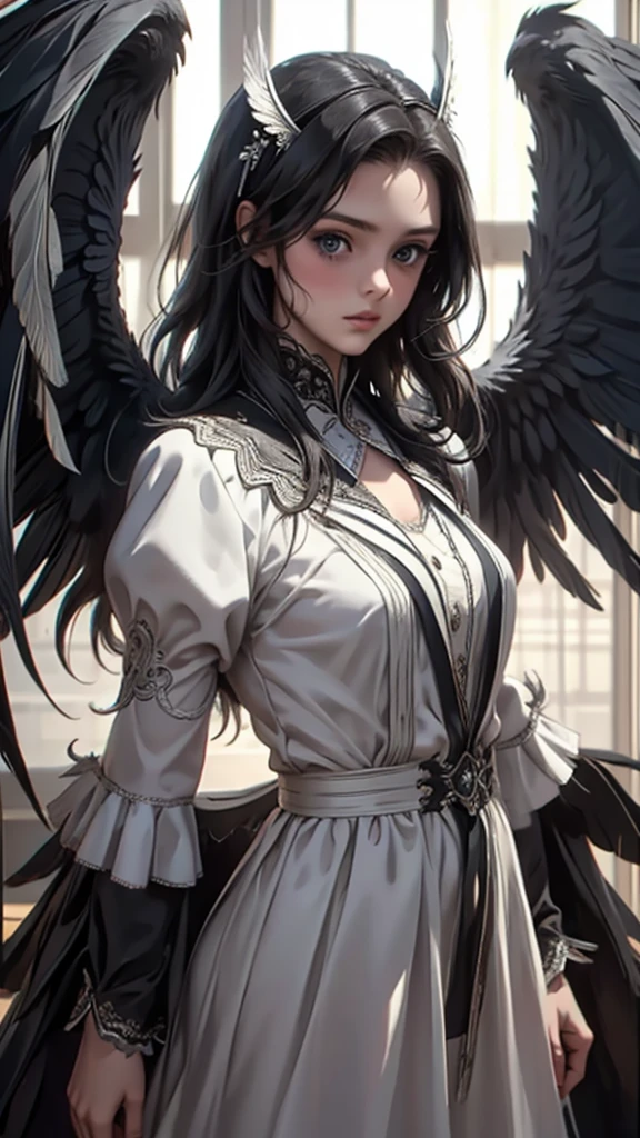 masterpiece, Angel Girl, young，12 years old，Brunette with wings, White dress with feathers, Close-up portrait, Delicate face, Lots of black feathers, silver，Black Wings