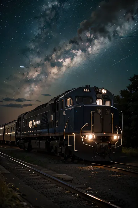 A train running through space filled with tens of thousands of stars.