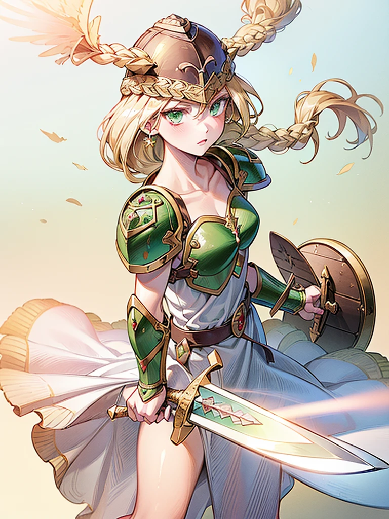 (White background,1girl:1.4),masterpiece,best quality,18yo, beautiful girl,BREAK,(sword,shield,Armor:1.5),(Helmet with wings:1.4),(Beautiful blonde,braid,Green Eyes:1.5),BREAK,(White Dress:1.3),(move chart:1.3),