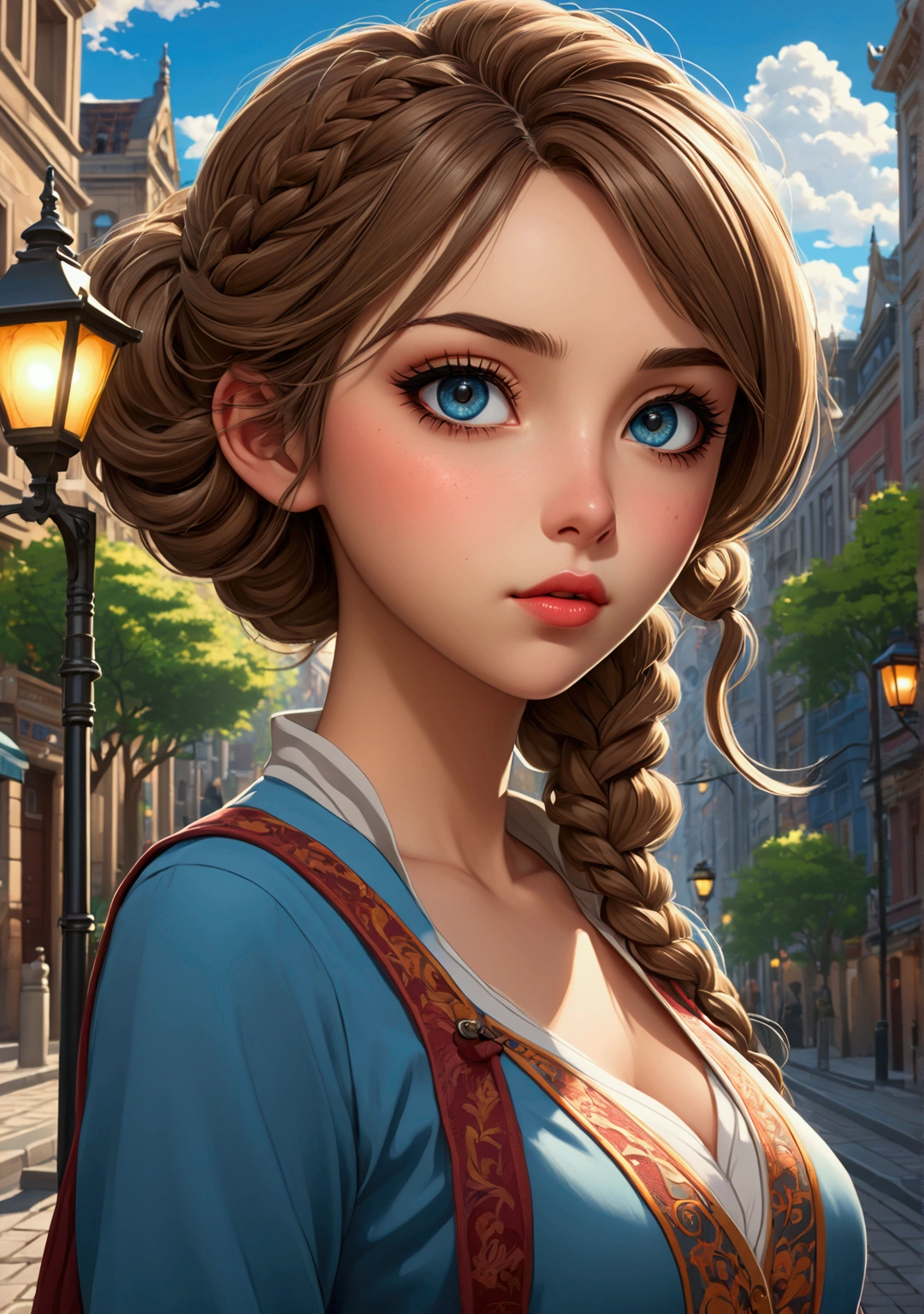 detailed anime girl, beautiful detailed eyes, beautiful detailed lips, extremely detailed face and features, long eyelashes, detailed realistic clothing, detailed street background, detailed buildings, detailed street lamps, detailed pavement, detailed sky, detailed trees, detailed clouds, wide angle, detailed atmosphere, vibrant colors, cinematic lighting, 8k, high quality, masterpiece, intricate details