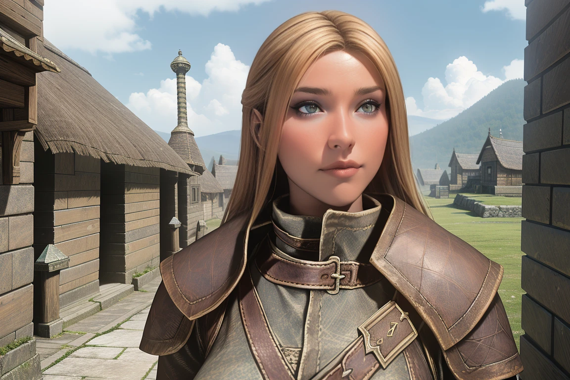 1 girl, masterpiece, 32 yo, femalebreton beauty sits outdoors in a rustic Skyrim village, surrounded by thatched roofs and lush greenery. The sun casts a warm glow on her porcelain skin as she gazes directly into the camera lens, her piercing green eyes sparkling with a hint of mischief. Her raven tresses cascade down her back like a waterfall, framing her heart-shaped face. A gentle smile plays on her lips, inviting the viewer to step into her whimsical world. blonde hair, fit body, Skyrim style, (female front view:1.3), looking at the viewer.,wearing light armor, blonde hair, femalebreton