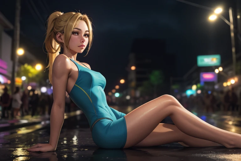 (masterpiece, best quality, highres, picture-perfect, 3D, high resolution:1.2), (from side:1.3), (Sitting with one leg tucked under and the other extended:1.2), 1girl,  AS-YoungV2, (18 year old), blonde hair, ((High ponytail)), ((petite figure, fit build, (narrow hips), (skinny legs), thigh gap:1.3)), (Statement jumpsuit), A bustling, vibrant Bangkok street during a Songkran water festival, backlighting, detailed face, soft lighting, HairDetail, SkinDetail, Style-DoF, 