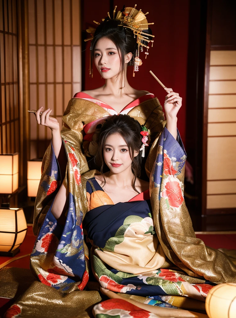 ((masterpiece(:1.4)，Highest quality，Ultra-high resolution，Highest quality，8k，Very detailed，In detail))。night，Japanese，Beautiful woman，Golden Ratio Style，glamorous，Big Breasts，Oiran，Long-sleeved kimono，Tying up hair，hair ornaments，Smoke Tube，can，Gorgeous and luxurious，(イメージビデオの撮影で遊郭にてOiranに扮したグラビアアイドルの様子)，super high quality，Realistic，Real person