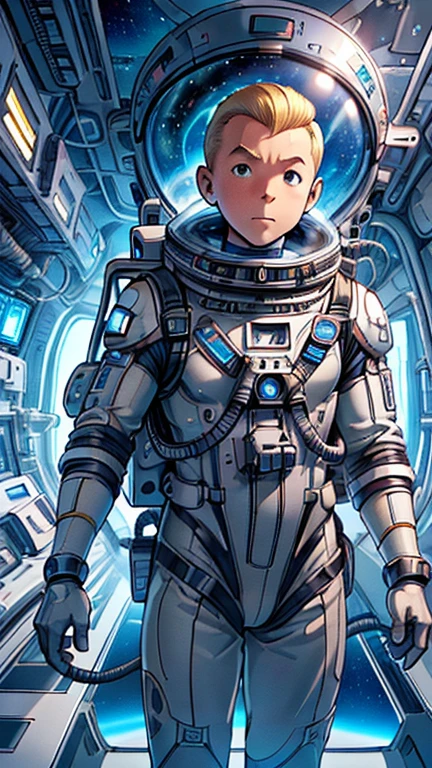 (1man, Tintin,1boy), (extremely detailed CG unit 8k wallpaper),(master part), (best quality), (ultra detail), (best illustration),(BiopunkAI), cowboy shot,(Sharp eyeliner, ombre, detailed eyes:1),Outer Space Station interiors background,break,(astronaut in a space suit),upper body,short hair,blonde hair, 