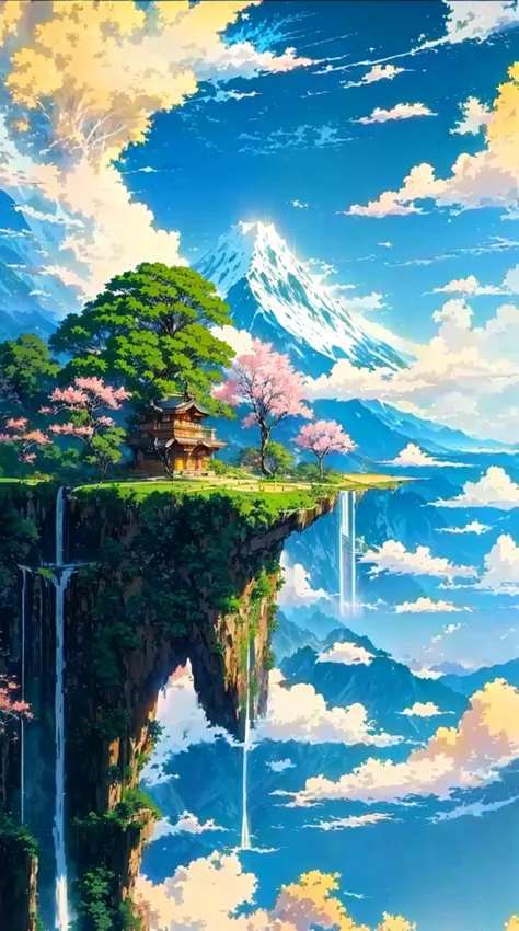 painting of a waterfall and a mountain with a waterfall in the foreground, anime landscape, anime landscape wallpaper, anime nat...