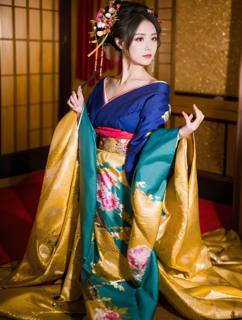 ((obra maestra(:1.4)，de la máxima calidad，Resolución ultraalta，de la máxima calidad，8K，Muy detallado，En detalle))。Noche，japonés，Mujer hermosa，Estilo de proporción áurea，atractivo，pechos grandes，Oiran，Quimono de manga larga，Atar el cabello，adornos para el cabello，Tubo de humo，poder，Precioso y lujoso，(La grabación de un video de imagen de una estrella de gravure vestida como una Oiran en un distrito de placer)，calidad súper alta，Realista，Real person