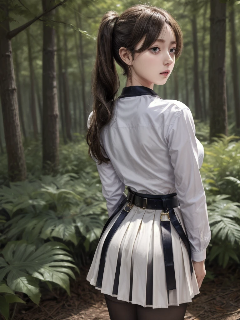 masterpiece, best quality, absurdres, 1girl, solo, FrierenBase, long hair, twintails, earrings, white capelet, striped shirt, horizontal stripes, long sleeves, belt, white skirt, gold-trim, black pantyhose, arms behind back, outdoors, forest, 