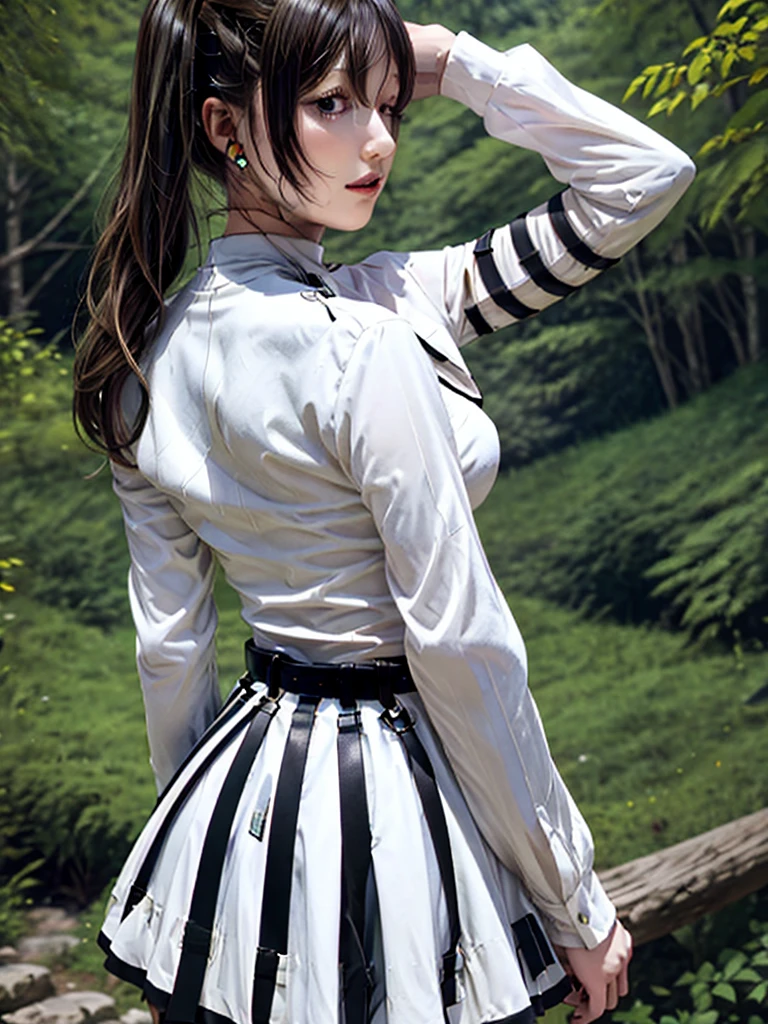 masterpiece, best quality, absurdres, 1girl, solo, FrierenBase, long hair, twintails, earrings, white capelet, striped shirt, horizontal stripes, long sleeves, belt, white skirt, gold-trim, black pantyhose, arms behind back, outdoors, forest, 