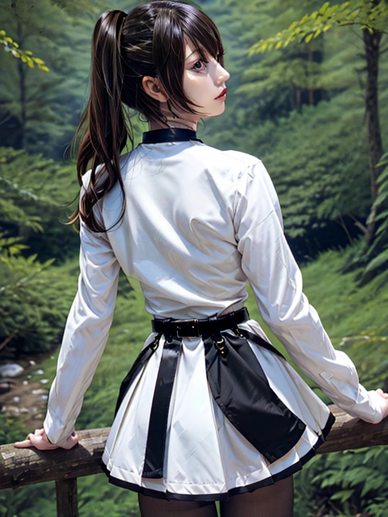 masterpiece, best quality, absurdres, 1girl, solo, FrierenBase, long hair, twintails, earrings, white capelet, striped shirt, horizontal stripes, long sleeves, belt, white skirt, gold-trim, black pantyhose, arms behind back, outdoors, forest, 