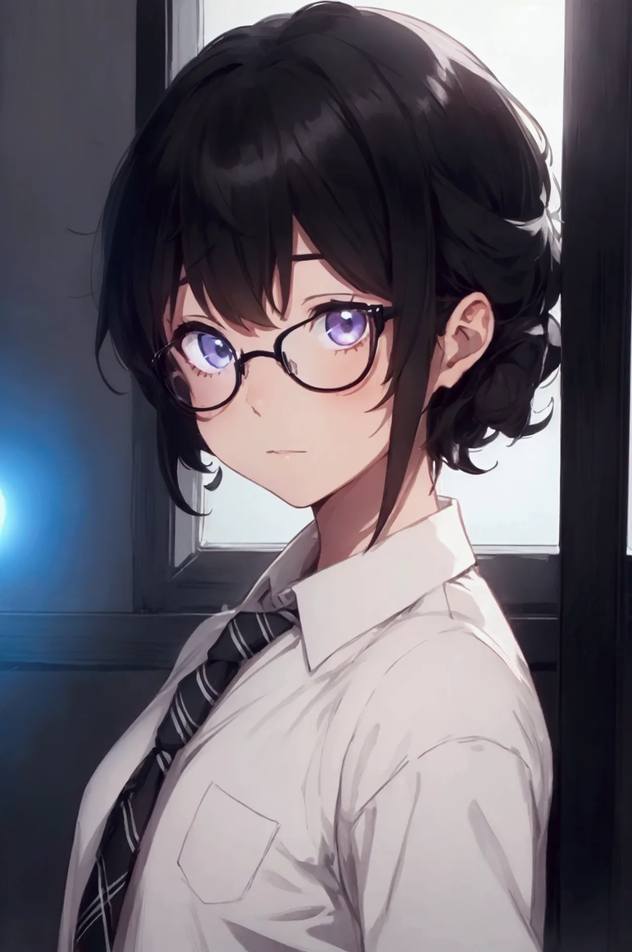 (1 boy), (school boy), male, tie, holding a bool, cute boy, adorable, Thick black frame glasses, shy, black messy hair, bluish-g...