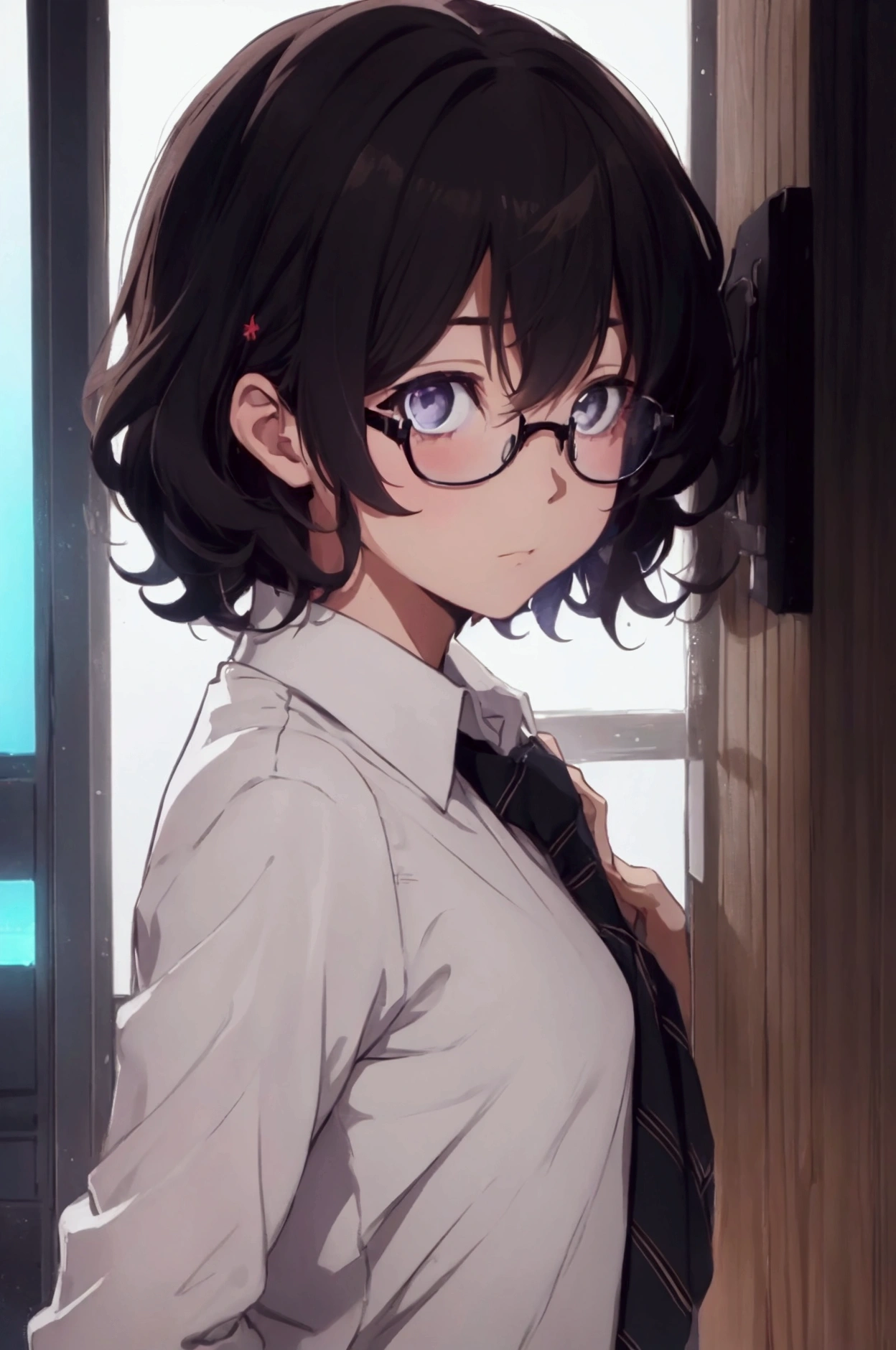 (1 boy), (school boy), male, tie, holding a bool, cute boy, adorable, Thick black frame glasses, shy, black messy hair, bluish-grey eye color, wearing glasses, 4k, detailed, anime 4k, (Curly hair), from side, character focus, ((black light)),((dark lighting)), cinematic lighting ,(darkness), (concept art), high resolution,(incredibly absurdres) ,extremely detailed CG unity 8k wallpaper, ((masterpiece)), ((top-quality)), (beautiful illustration), ((an extremely delicate and beautiful)), (masterpiece, Best quality, ultra high resolution), Black hair, pale skin, ultra detailed eyes, Beautiful and detailed face, detailed eyes, (Centered, torso), (wide shot:0.9), facing the viewer, Eye level, ((male)), shy, blushing