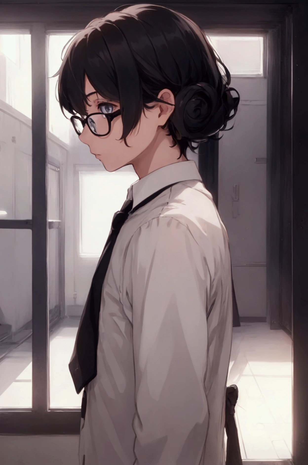 (1 boy), (school boy), male, tie, holding a book, small book in hand, (holding small book), Thick black frame glasses, shy, black messy hair, bluish-grey eye color, wearing glasses, 4k, detailed, anime 4k, (Curly hair), from side, character focus, ((black light)),((dark lighting)), cinematic lighting ,(darkness), (concept art), high resolution,(incredibly absurdres) ,extremely detailed CG unity 8k wallpaper, ((masterpiece)), ((top-quality)), (beautiful illustration), ((an extremely delicate and beautiful)), (masterpiece, Best quality, ultra high resolution), Black hair, pale skin, ultra detailed eyes, Beautiful and detailed face, detailed eyes, (Centered, torso), (wide shot:0.9), facing the viewer, Eye level, ((male)), shy, blushing