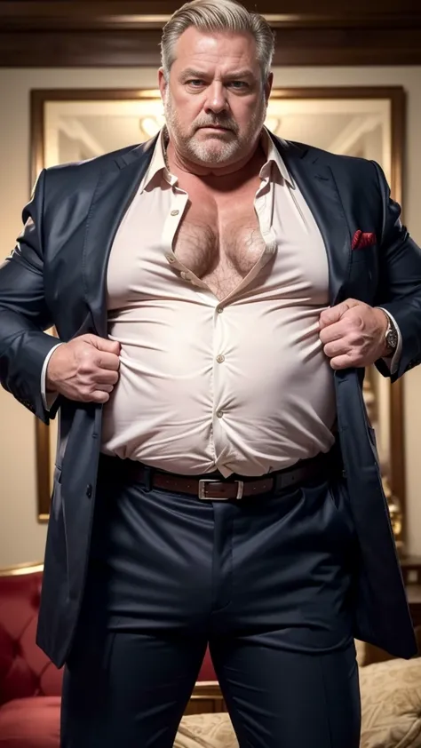 (best quality,4k,8k,highres,masterpiece:1.2), age 60, white man sheriff , horny disgusting, muscular chubby, kind, opened red silk shirt, mature daddy, Dress Pants with big bulge, hairy chest hard nipple, belt, loafer,