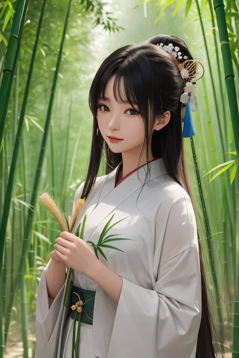 A beautiful Japanese woman standing in a bamboo grove on a rainy day、Hollow Eyes、Narrow face、Narrow eyes、Be elegant、Take off you...
