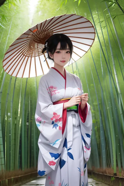 A beautiful Japanese woman standing in a bamboo grove on a rainy day、Hollow Eyes、Narrow face、Narrow eyes、Be elegant、Naked and we...