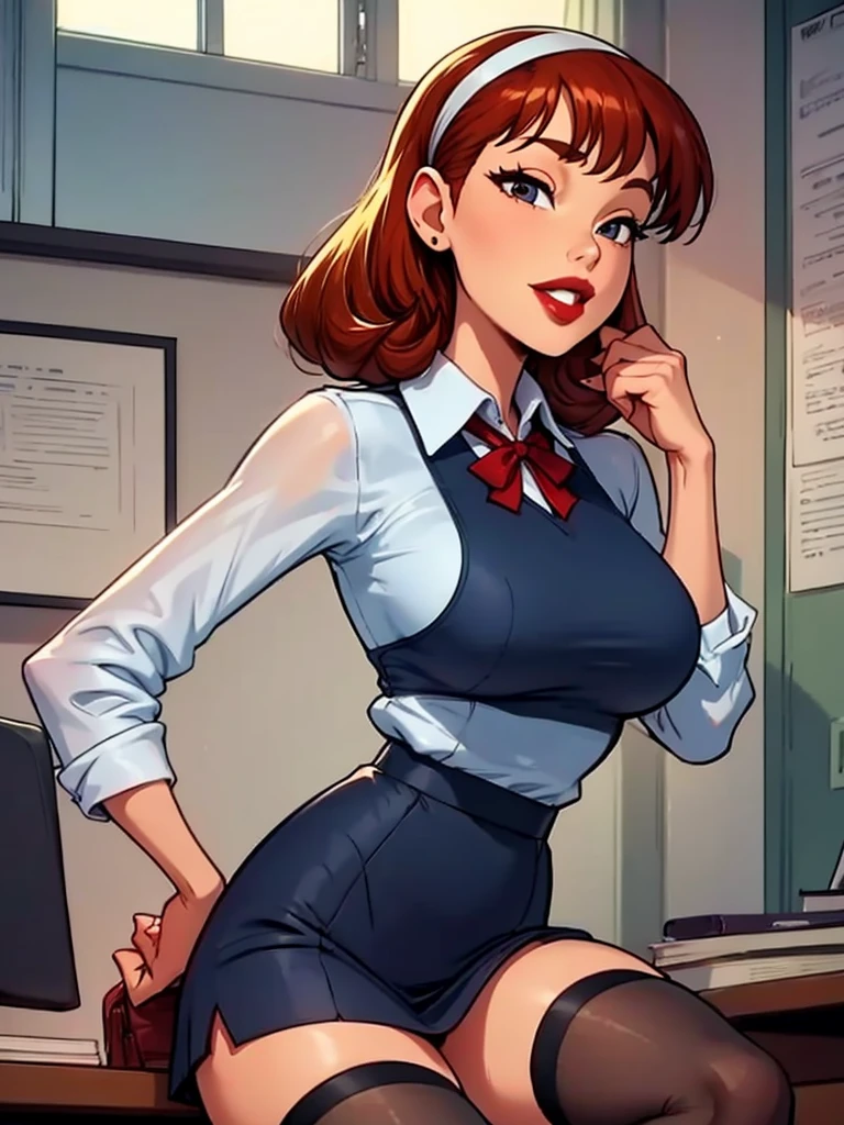 Sharona, wearing a navy office suit, white shirt, navy skirt,red lips,hairband,black stockings, high quality, 