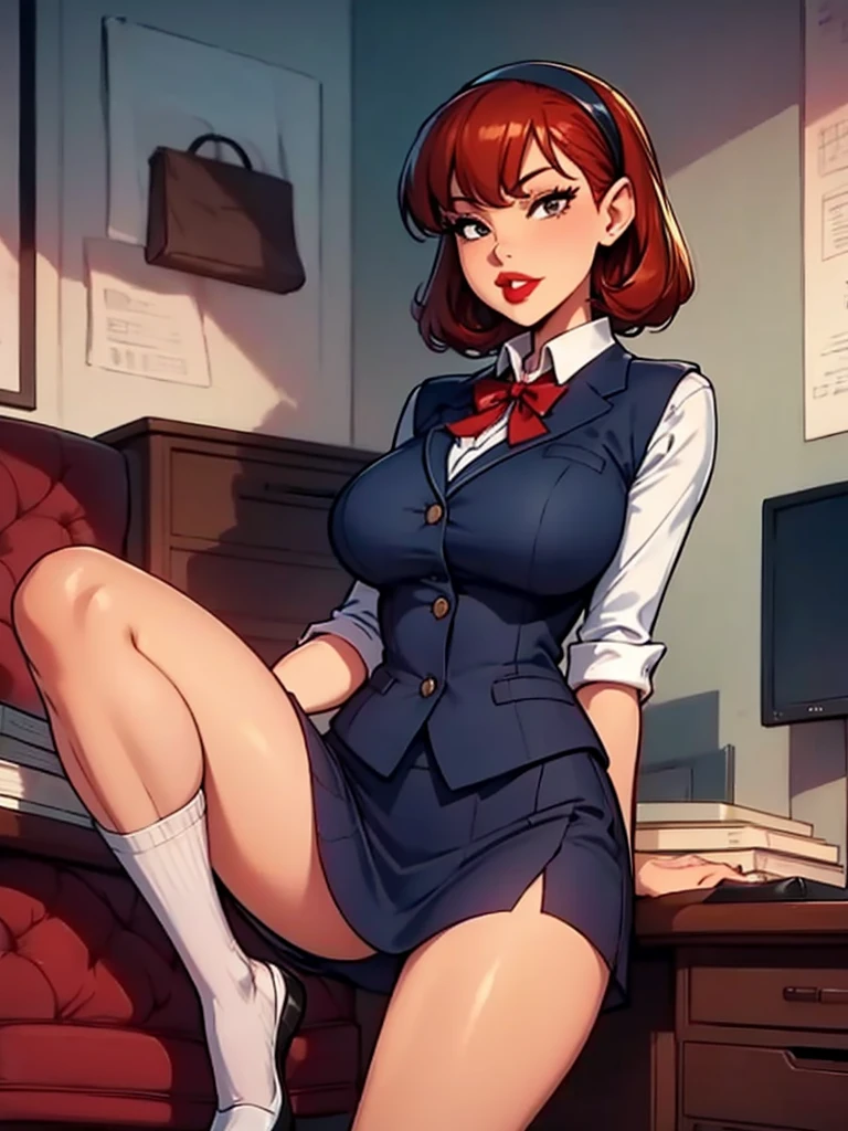 Sharona, wearing a navy office suit, white shirt, navy skirt,red lips,hairband,black stockings, high quality, 