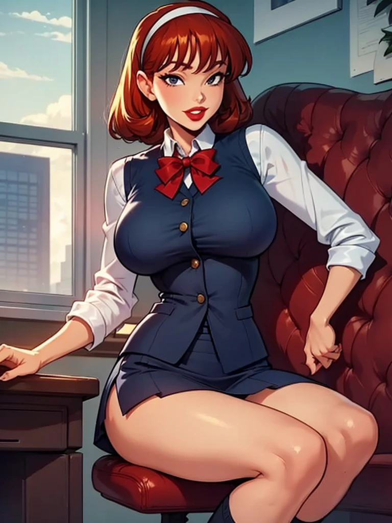 Sharona, wearing a navy office suit, white shirt, navy skirt,red lips,hairband,black stockings, high quality, 