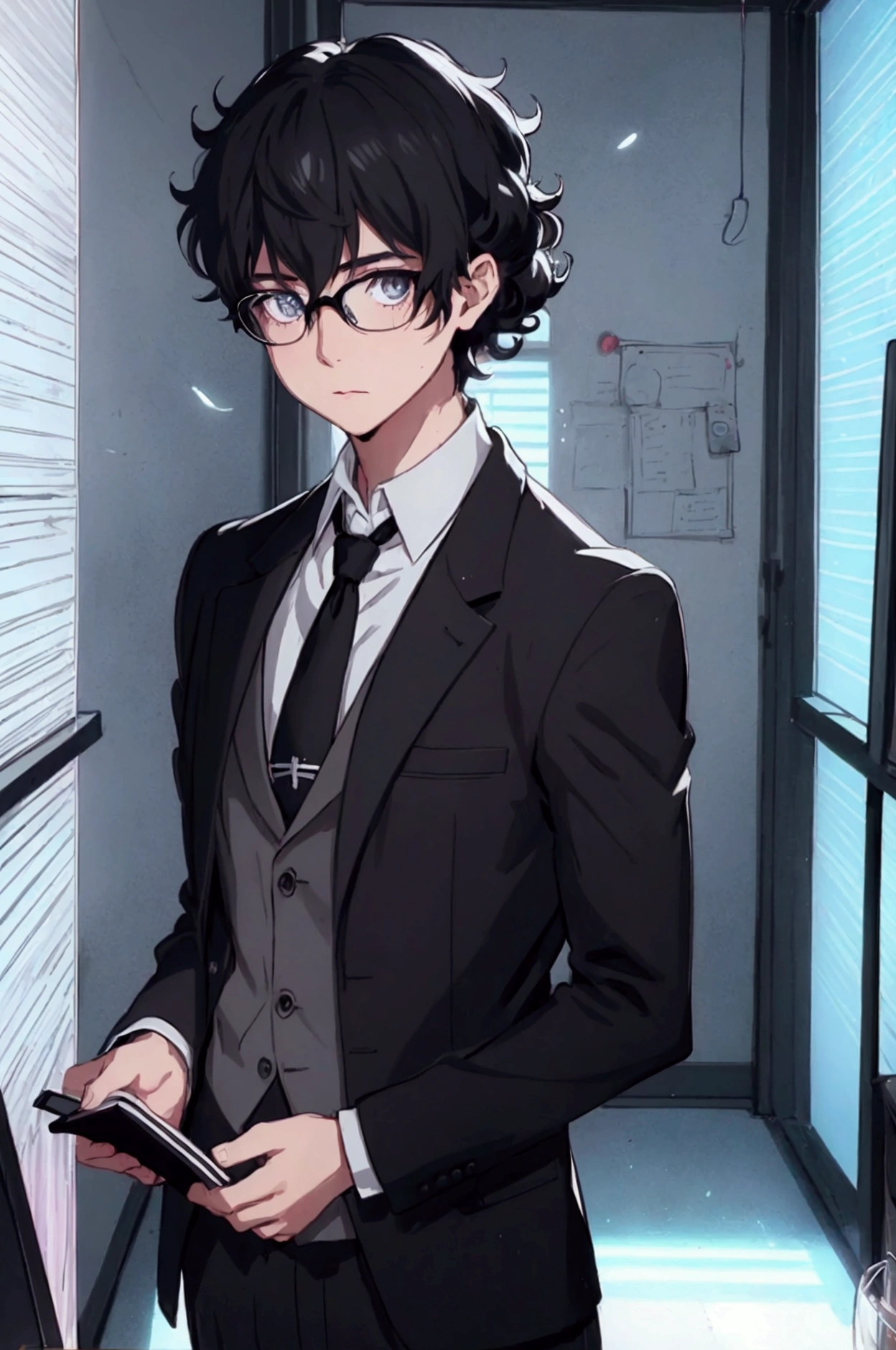 (1 boy), (school boy), male, tie, holding a bool, cute boy, adorable, holding a book, small book in hand, (holding small book), Thick black frame glasses, shy, black messy hair, bluish-grey eye color, wearing glasses, 4k, detailed, anime 4k, (Curly hair), from side, character focus, ((black light)),((dark lighting)), cinematic lighting ,(darkness), (concept art), high resolution,(incredibly absurdres) ,extremely detailed CG unity 8k wallpaper, ((masterpiece)), ((top-quality)), (beautiful illustration), ((an extremely delicate and beautiful)), (masterpiece, Best quality, ultra high resolution), Black hair, pale skin, ultra detailed eyes, Beautiful and detailed face, detailed eyes, (Centered, torso), (wide shot:0.9), facing the viewer, Eye level, ((male)), shy, blushing