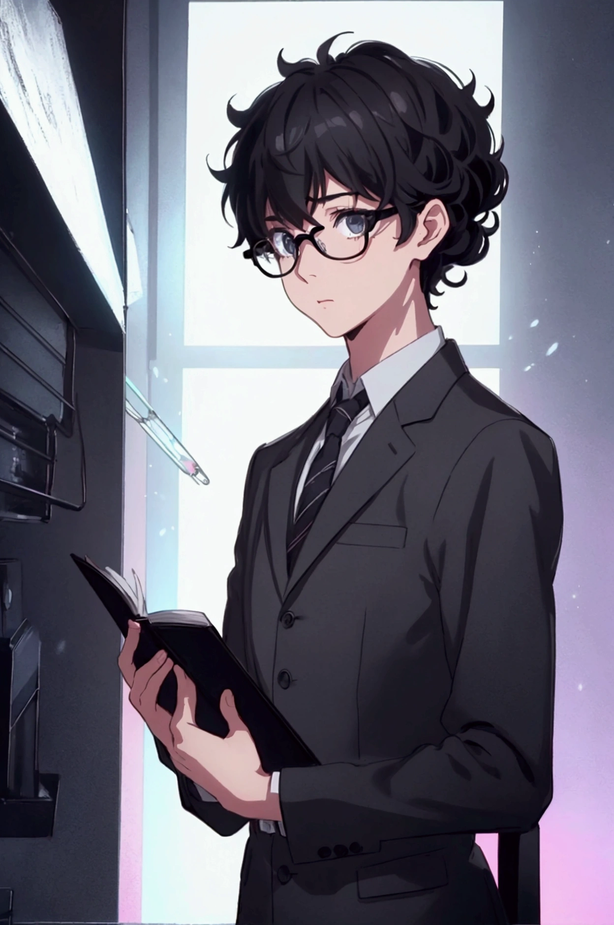 (1 boy), (school boy), male, tie, holding a bool, cute boy, adorable, holding a book, small book in hand, (holding small book), Thick black frame glasses, shy, black messy hair, bluish-grey eye color, wearing glasses, 4k, detailed, anime 4k, (Curly hair), from side, character focus, ((black light)),((dark lighting)), cinematic lighting ,(darkness), (concept art), high resolution,(incredibly absurdres) ,extremely detailed CG unity 8k wallpaper, ((masterpiece)), ((top-quality)), (beautiful illustration), ((an extremely delicate and beautiful)), (masterpiece, Best quality, ultra high resolution), Black hair, pale skin, ultra detailed eyes, Beautiful and detailed face, detailed eyes, (Centered, torso), (wide shot:0.9), facing the viewer, Eye level, ((male)), shy, blushing