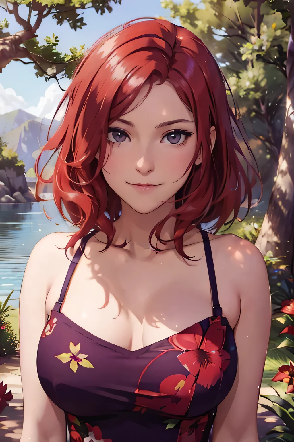 (Masterpiece, Best Quality, High Quality),Nishikino maki, Red hair, purple eyes, volumetric lighting, illustration, beautiful, upper body, (sundress:1.1), floral print, big breasts, looking to the side, confident, seductive smile, (confident, flirty, head tilt:1.1), heart pendant, perfect lighting, perfect shadows, flower, (breathtaking scenery:1.1), tree, blushing