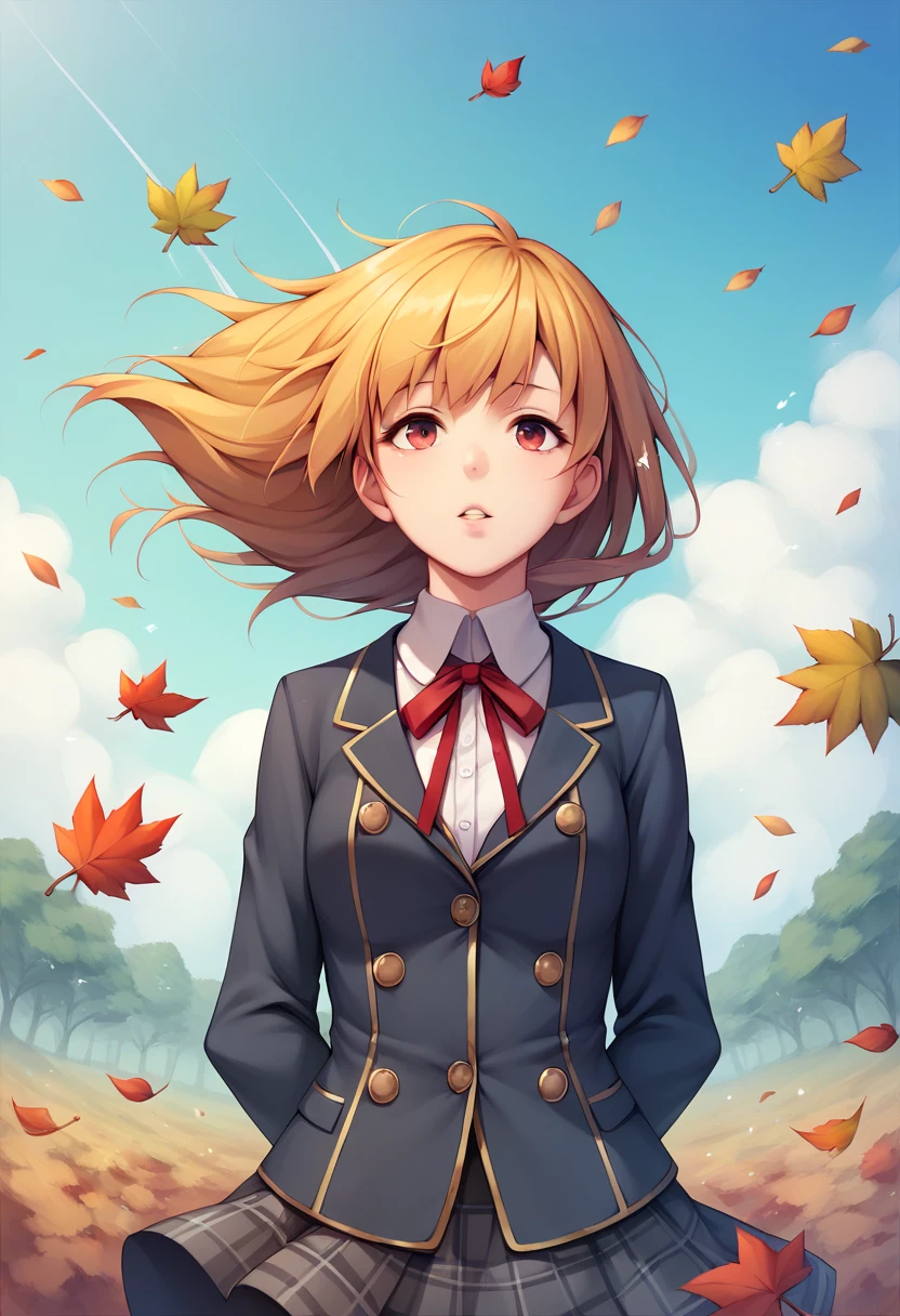 1girl,nagumo kasumi,,red neck ribbon,plaid skirt,black pantyhose,parted lips, leaf, falling leaves, upper body, outdoors, wind,buttons,masterpiece,solo,best quality