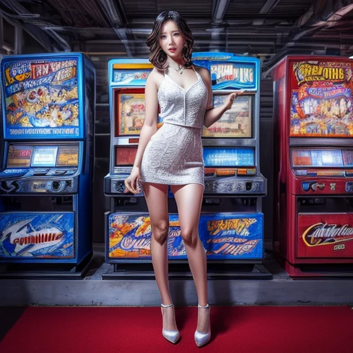 (ExtremelyDetailed((Song Joo A))) clearly visible the shape of Butt, Radiant PearlSkin with Transparency, GameShow event girls in sexy costume, Detailed Clothing texture, Full of (Game machine) . (Full body shot:1.2),Ultra-detailed,grand scale,epic,zoomed out,wide angle. (ExtremelyDetailed Beautiful face) Dynamic Joyful Expressions LifeLike Rendering. (Exposed:0.52) (TopQuality 8K(masterpiece(ProfessionalPhoto:1.37)))