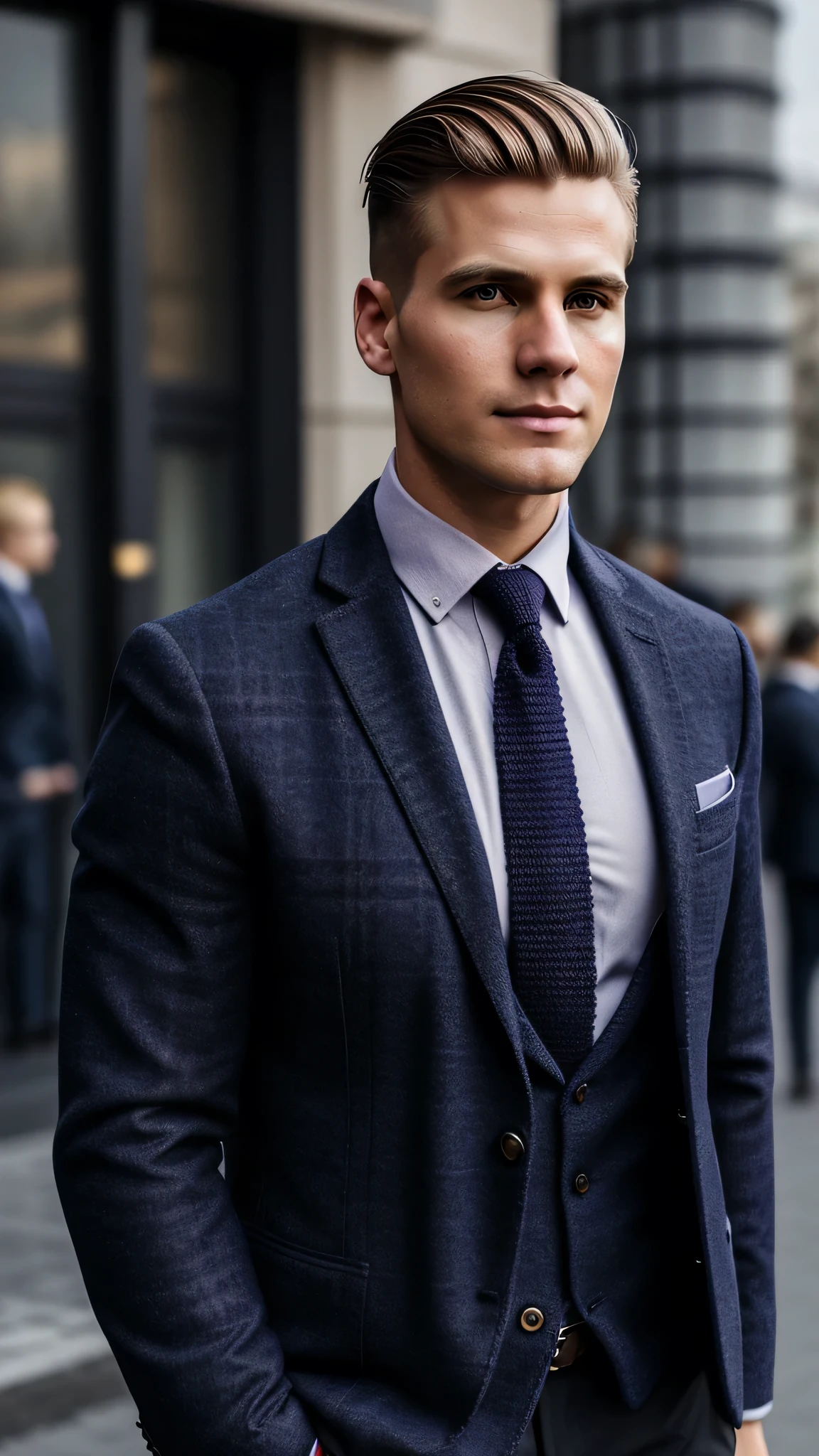 Ultra-realistic, cinematic, man, 29 years old, blond hair hair, side parted hairstyle , clean shaven, hourglass body type, wears navy blue blazer, lavender checked shirt, dark brown knitted tie , walks on street of Moscow, autumn, happy