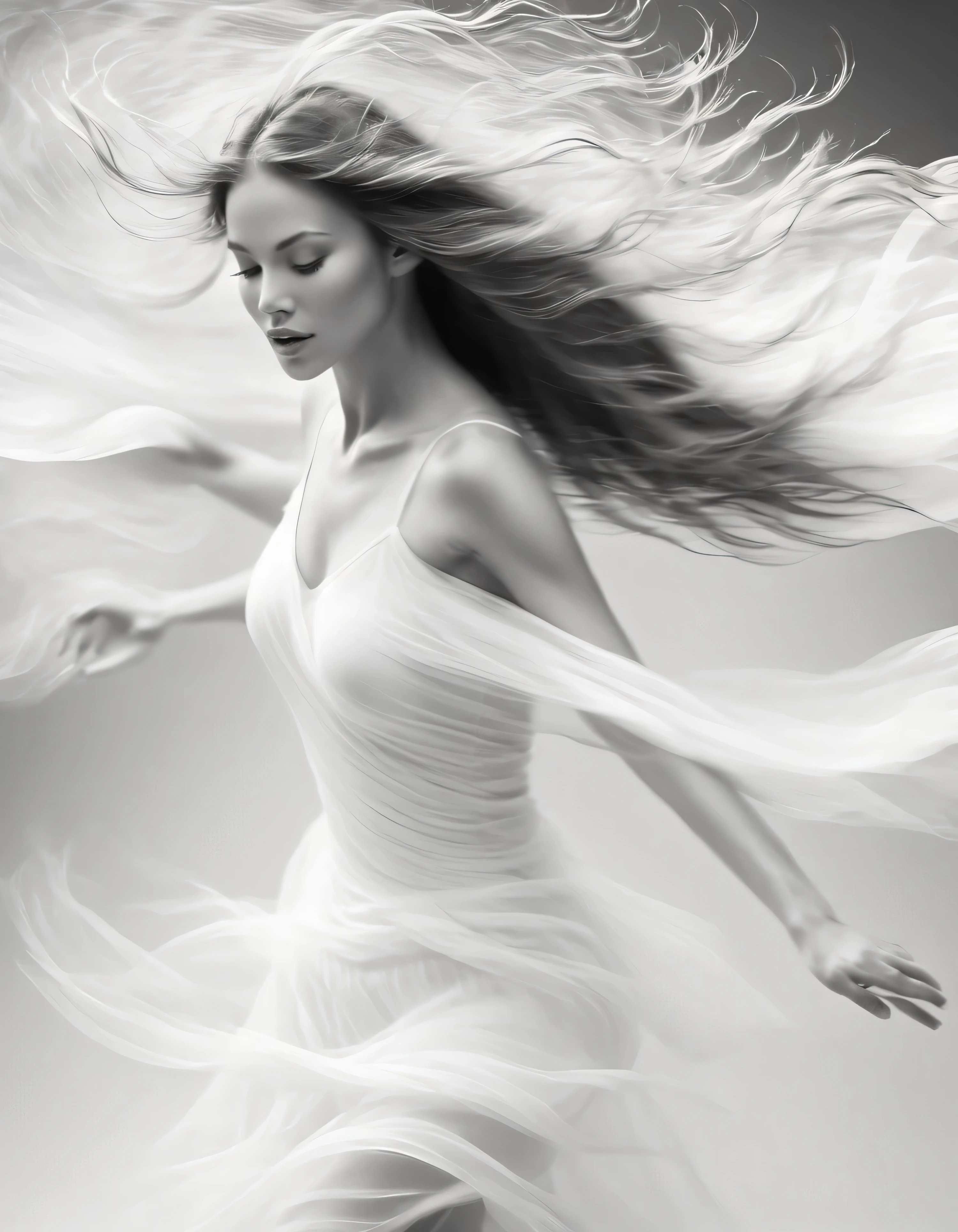 Motion blur, closeup black and white, White background, Professional fashion photography, super macro, Long hair with light misty movement waves and super detailed texture of a delicate dancing body, Poster style, Minimalism, hand and face tilt shift, NIKON, Hasselblad, Canon, fujifilm, 16k,...