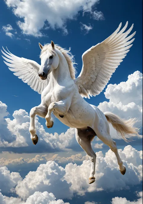 Winged horse galloping through the sky、Pegasus runs, kicking away the white clouds、Beautiful coat、Come this way、It has large white wings on its back.、Very realistic、high resolution、Detailed Expression