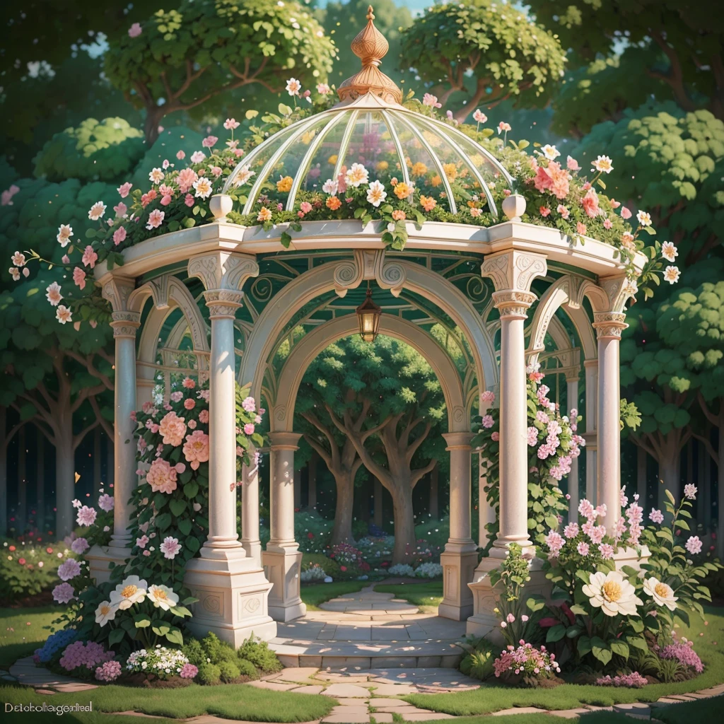 There is a gazebo，full of flowers and vines, royal garden background, beautiful render of a fairytale, , beautiful high resolution, Garden background, dreamy and detailed, Detailed landscapes, background artwork, high detal), well rendered, floral environment, pillar, Beautiful image, realistic garden, gazebo, arbor、ライトアップ