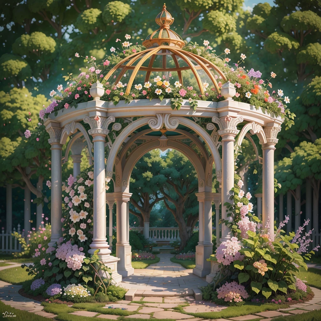 There is a gazebo，full of flowers and vines, royal garden background, beautiful render of a fairytale, , beautiful high resolution, Garden background, dreamy and detailed, Detailed landscapes, background artwork, high detal), well rendered, floral environment, pillar, Beautiful image, realistic garden, gazebo, arbor、ライトアップ