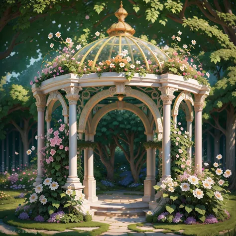 There is a gazebo，full of flowers and vines, royal garden background, beautiful render of a fairytale, , beautiful high resoluti...