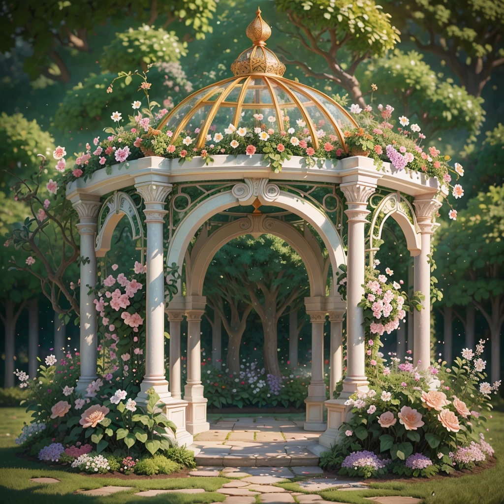 There is a gazebo，full of flowers and vines, royal garden background, beautiful render of a fairytale, , beautiful high resolution, Garden background, dreamy and detailed, Detailed landscapes, background artwork, high detal), well rendered, floral environment, pillar, Beautiful image, realistic garden, gazebo, arbor、ライトアップ