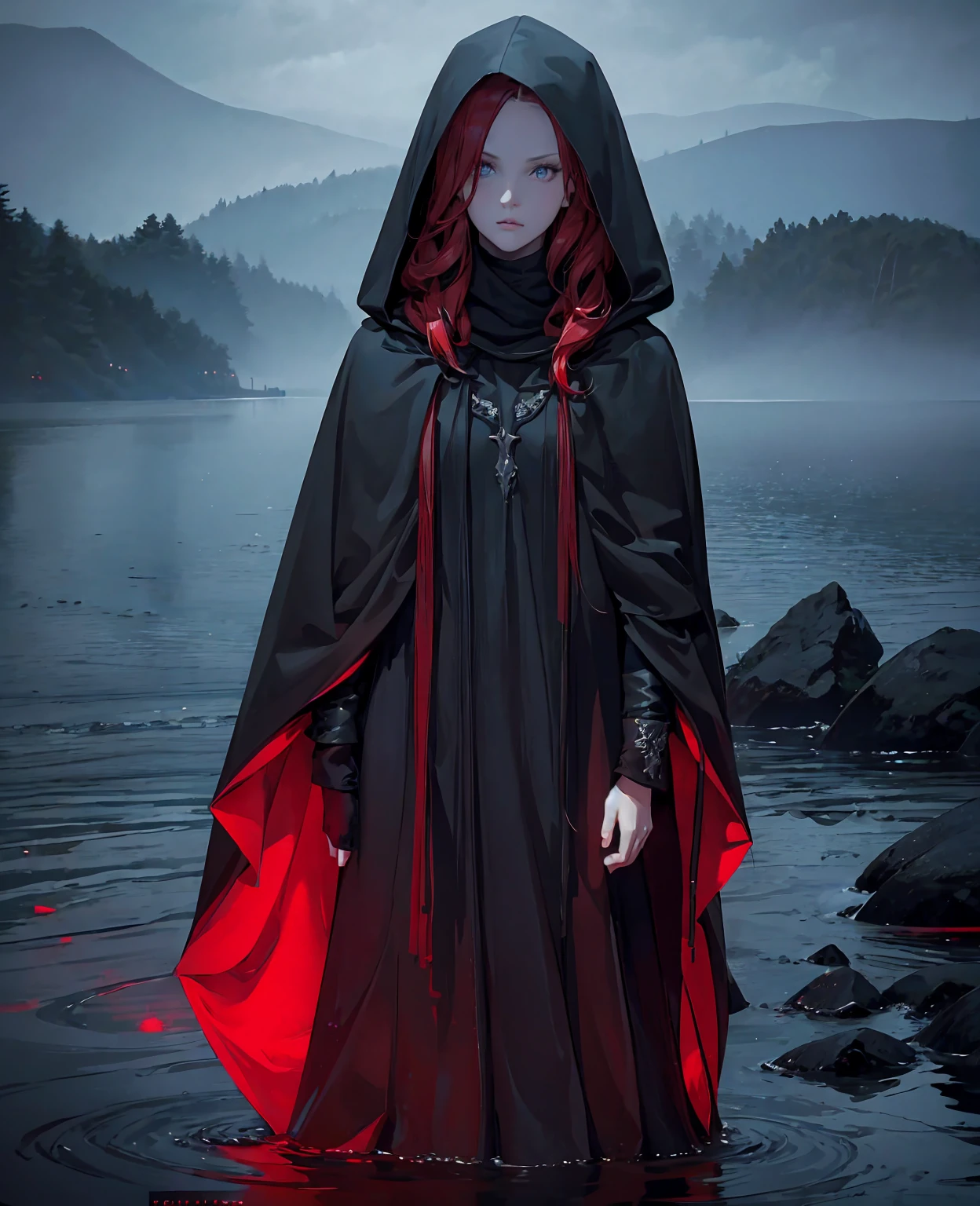 a mysterious girl in a hooded black cloak, beautiful detailed eyes, beautiful detailed lips, extremely detailed eyes and face, long eyelashes, red hair, standing by a lake, dramatic lighting, moody atmosphere, fantasy, digital art, 8k, high quality, photorealistic, cinematic