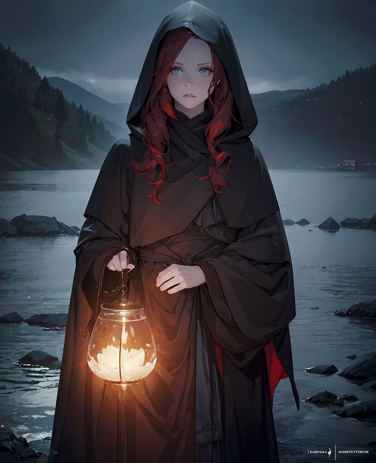 a mysterious girl in a hooded black cloak, beautiful detailed eyes, beautiful detailed lips, extremely detailed eyes and face, long eyelashes, red hair, standing by a lake, dramatic lighting, moody atmosphere, fantasy, digital art, 8k, high quality, photorealistic, cinematic