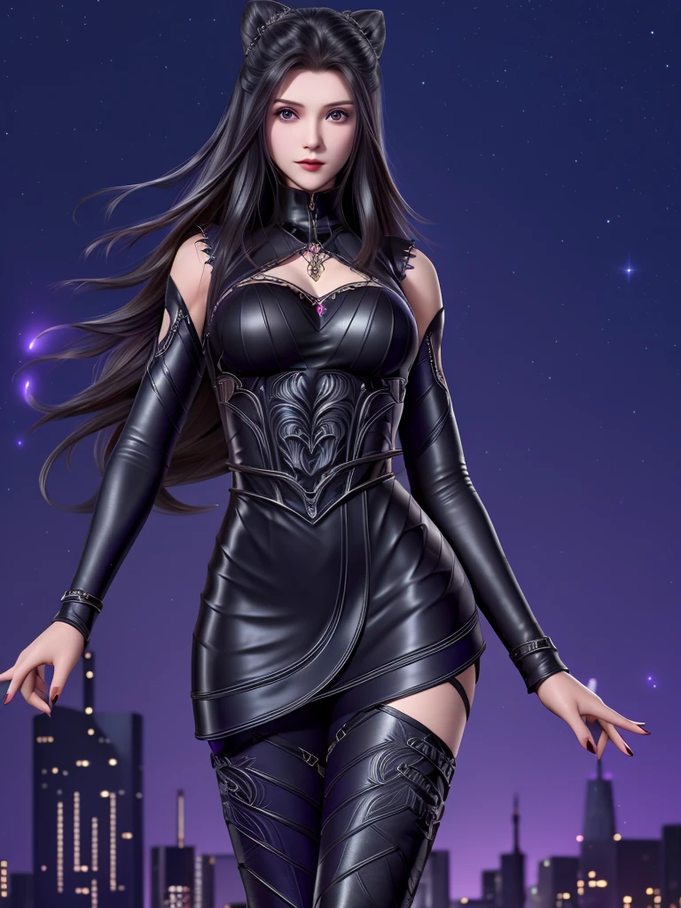 DLDLzhuzhuqing, 1girl, solo, black hair, long hair, purple eyes, thigh boots, black dress, looking at viewer, detached sleeves, jewelry, cone hair bun,mature female, cityscape, night, cowboy shot, hand on hip,