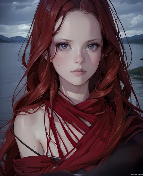 mia goth as red hair woman, black hood, myriad lake,(best quality,4k,8k,highres,masterpiece:1.2),ultra-detailed,(realistic,photo...